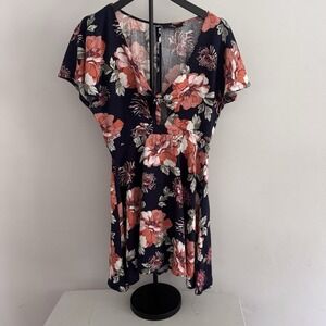 Lulus Floral Boho Dress M Navy Pink‎ Tie Front Summer Casual Romantic